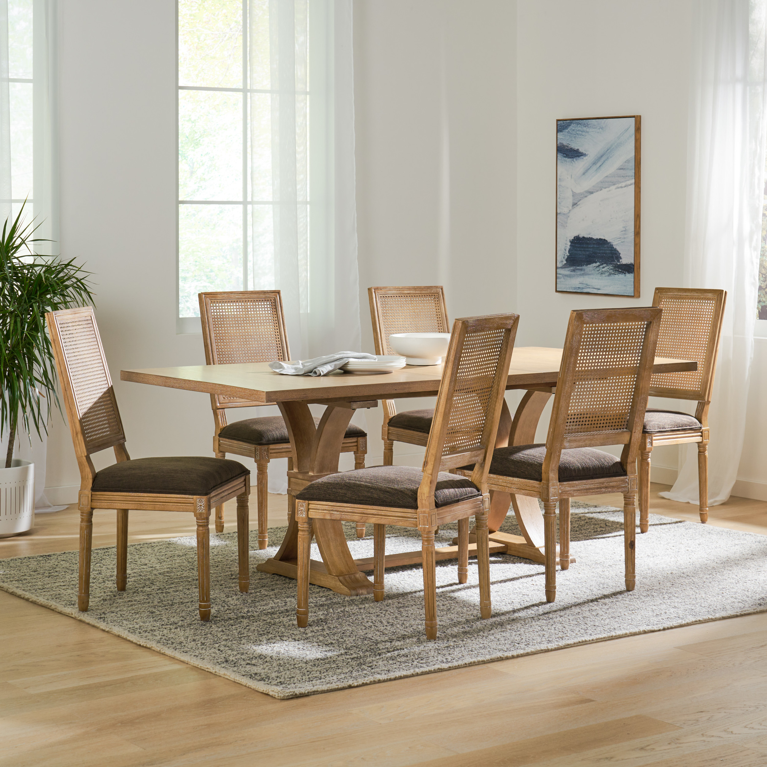 Noble House Beckstrom Wood and Cane 7-Piece Expandable Dining Set, Light Gray and Natural