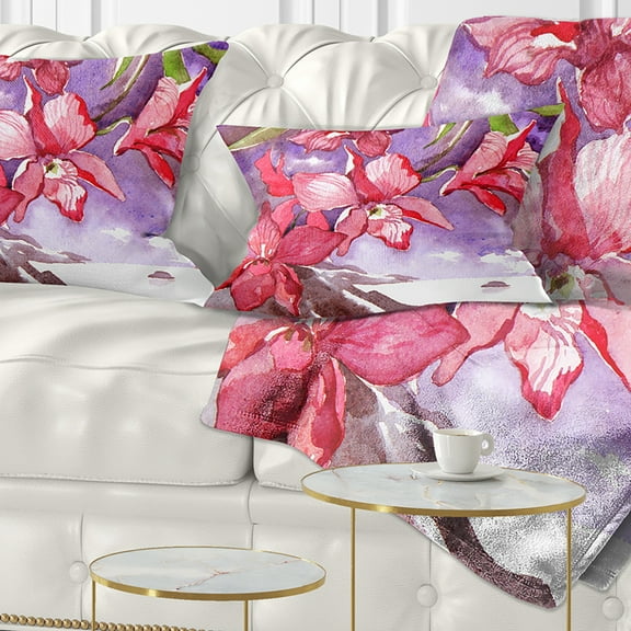 Designart Red Orchid with Sea - Floral Throw Pillow - 12x20