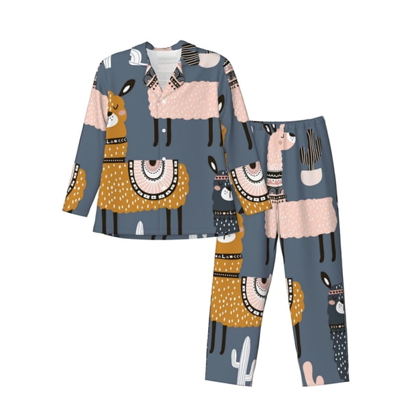 Fotbe Llama and Cactus Pijama de Hombre con Estampado de Manga Larga, Conjunto de 2 Piezas, Ropa de Dormir Suave y Cómoda con Bolsillos-Small