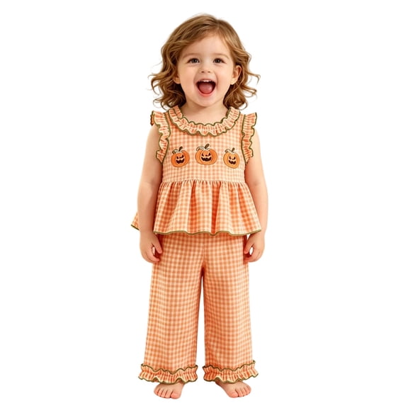 XAOFW Toddler Girls Halloween Outfits Sleeveless Pumpkin Prints Plaid Vest T Shirt Tops Ruffles Pants 2 Piece Back To School Casual Holiday Sets Stylish Clothing Sets 6-12 Months