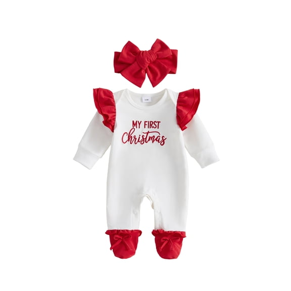 Loicainy Infant Baby Girls Christmas Footed Romper 3 6 9 12 Months Letter Embroidery Jumpsuits Headband