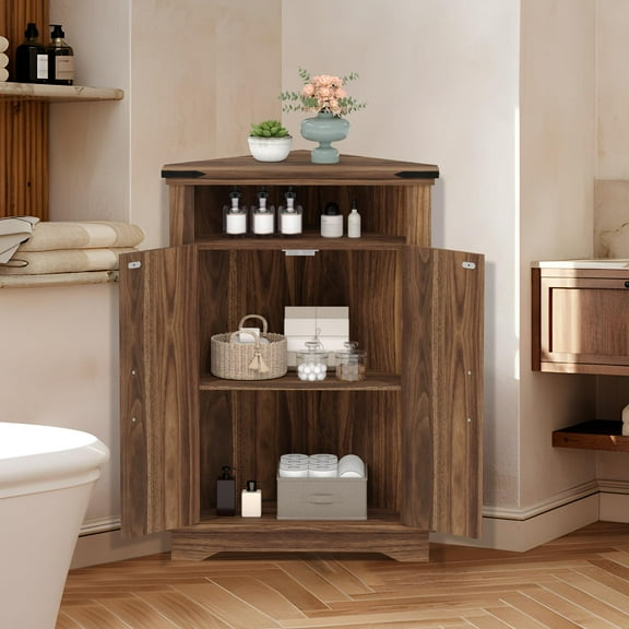 Huloretions Bathroom Corner Cabinet,Farmhouse Floor Corner Cabinet with Barn Doors and Adjustable Shelves,Freestanding Wooden Storage Hutch Cupboard for Bathroom,Kitchen,Living Room