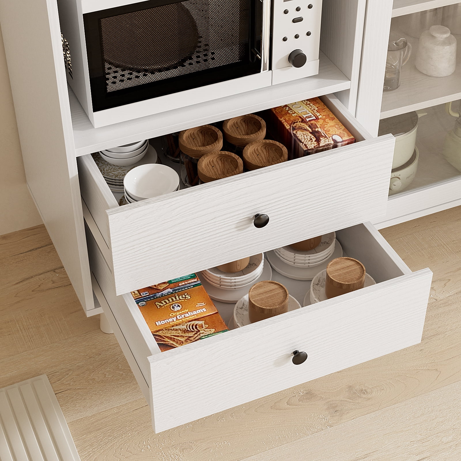 RichYa 72.5''H Pantry Cabinet with Doors & Drawers,Kitchen Storage Cabinet with Microwave Shelf & Wine Rack,Hutch Cabinet Coffee Bar for Dining Room,White