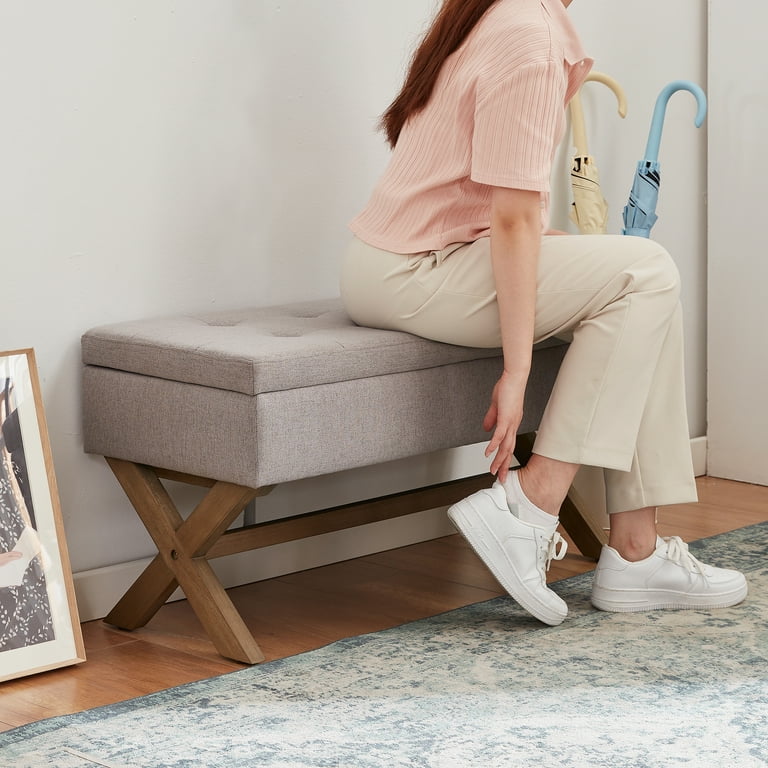 HUIMO 36 inch Storage Entryway Bench Upholstered End of Bed Bench with X Shaped Legs for Living Room Bedroom. Storage Ottoman Bench with Safety