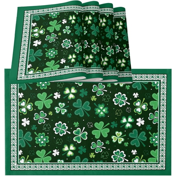 Green Placemats Set of 4 Washable Woven Burlap Cloth Fabric Placemat for Square/Rectangle/Round/Oval Dining Table, St. Patrick''s Day Shamrock Spring Checkered Easy Clean Place Mats for Toddlers, Kids