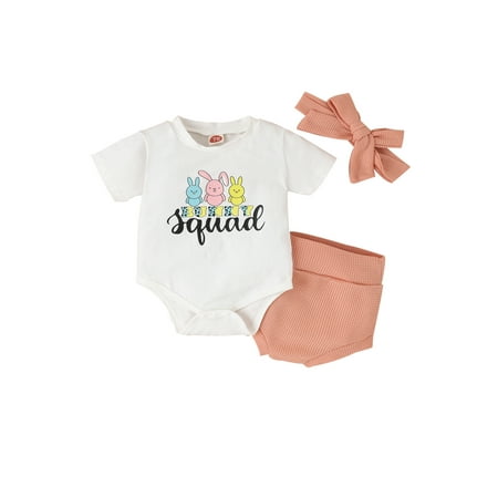 

Meihuid Baby Girls Shorts Set Letters Bunny Print Romper Pants with Hairband