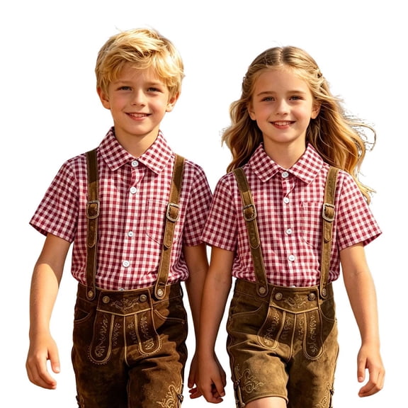 KHONTS Plaid Gingham Boys Girls Oktoberfest Shirts Collared Button down Short Sleeve Shirt,Size 4-13 Years Red 170