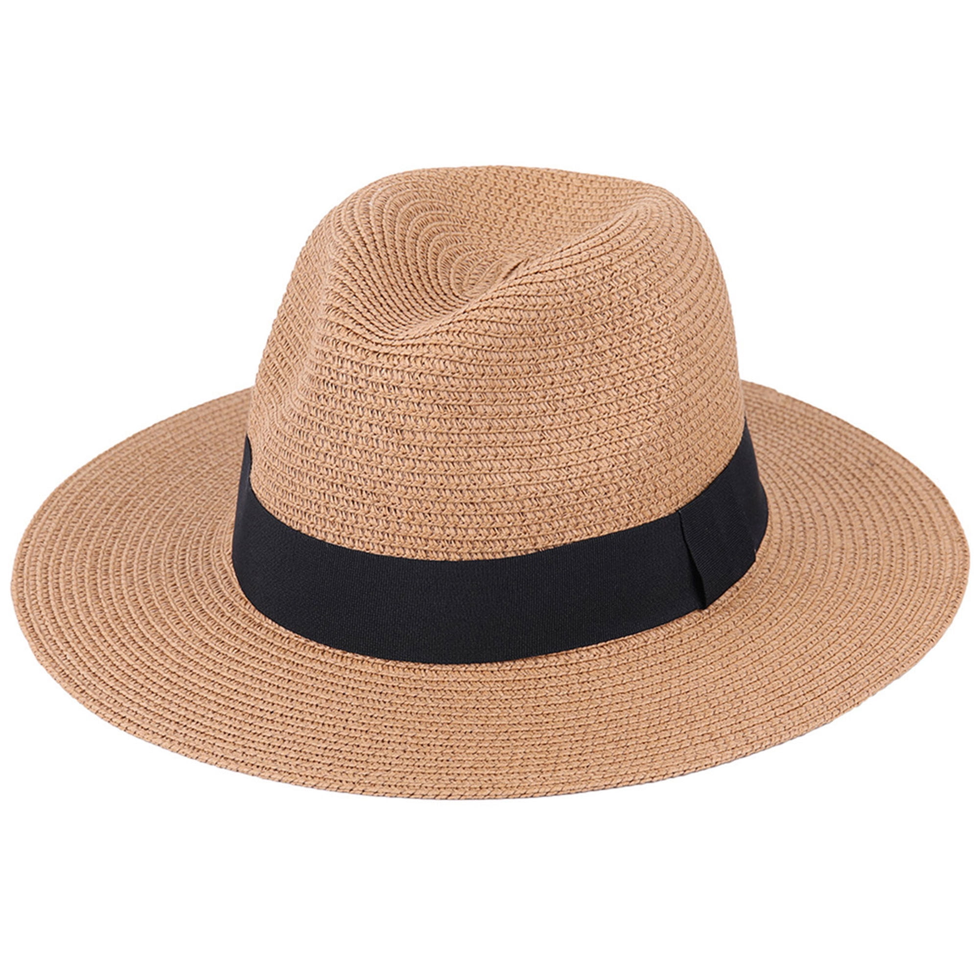 Mens Foldable Straw in Panama Shape-Style with Black Band Summer Sun Hat 