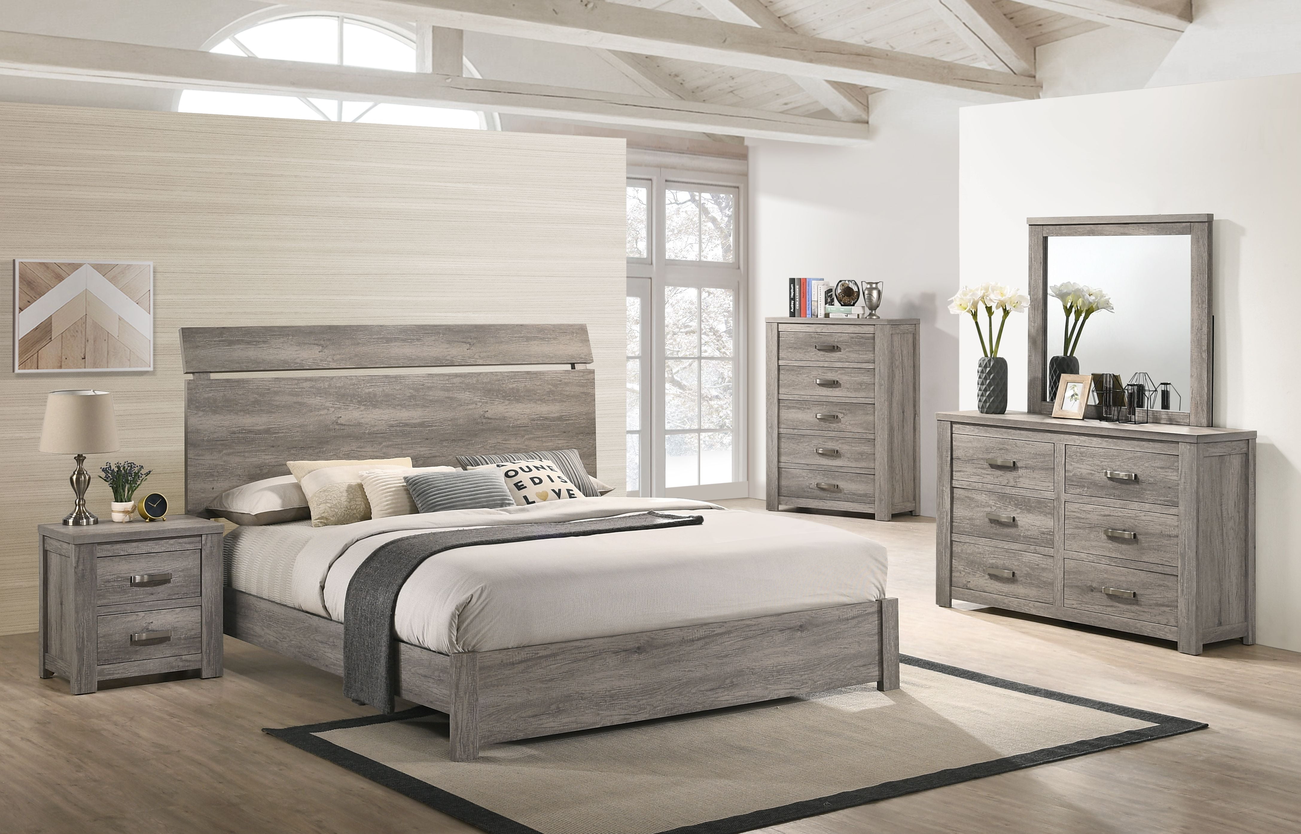 Floren Contemporary Weathered Gray Wood Bedroom Set, King Panel Bed