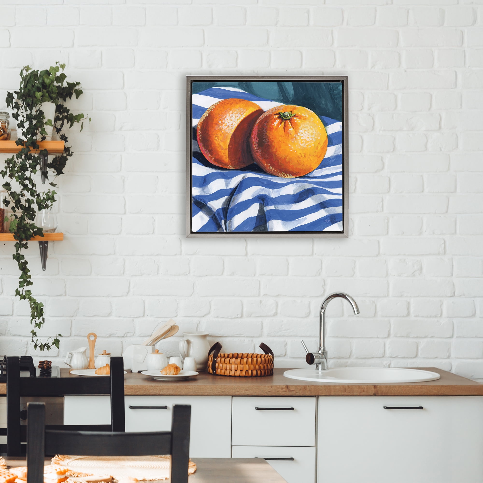 Stupell Industries Oranges On Striped Cloth Gray Framed Floater Canvas Wall Art, design by Kate Jarvik Birch