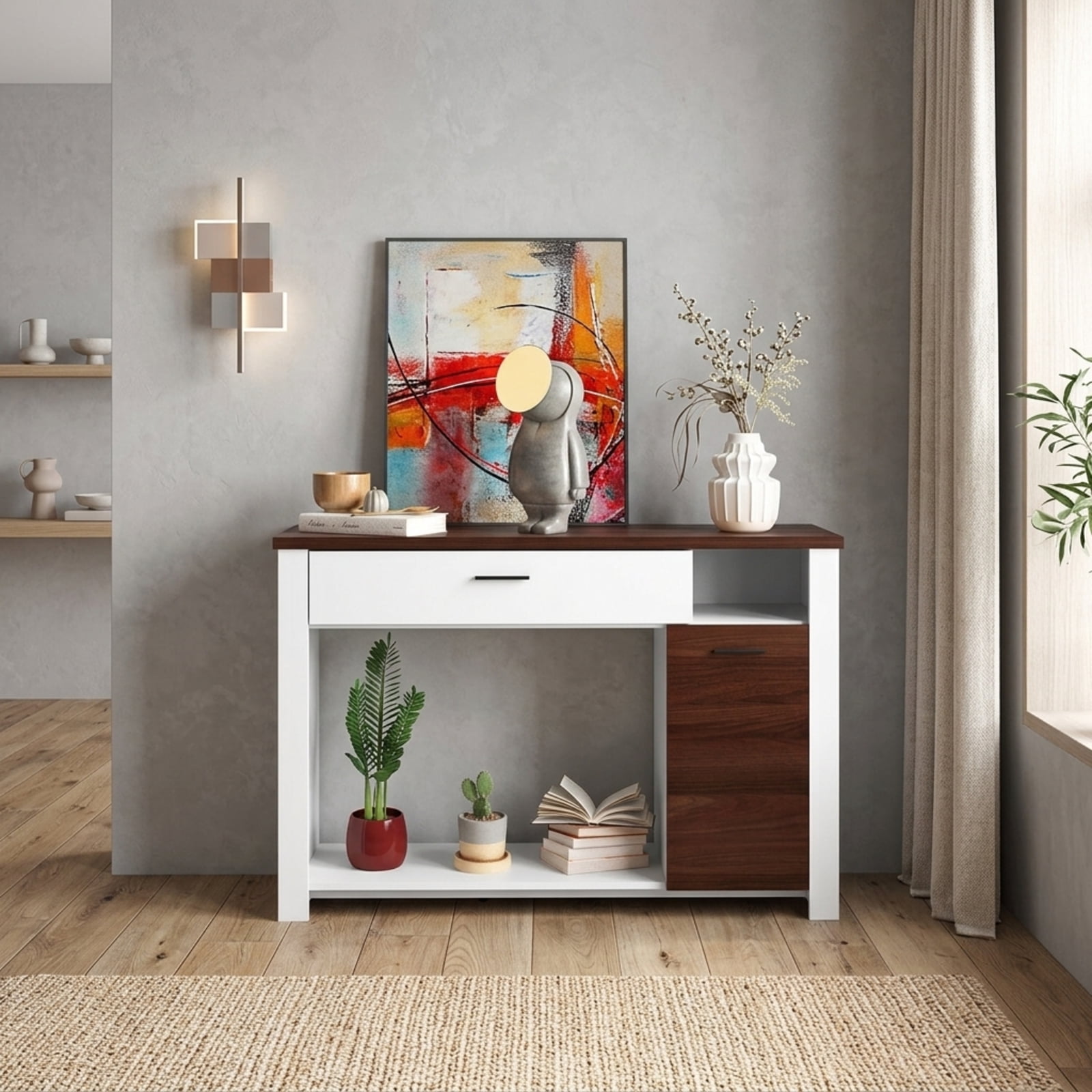 Furnibear 48 Inch Console Table with Drawer Cabinet and Storage Shelf Sofa Table for Entryway Living Room Hallway, White