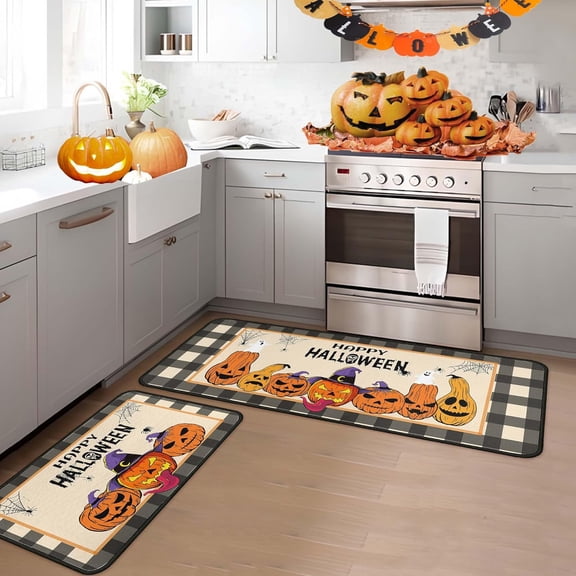 Halloween Pumpkin Kitchen Rug Set of 2 Washable Non Slip, Holiday Farmhouse Party Floor Mat for Home Kitchen Decorations, Sink, Office, Laundry 17"x47" 17"x30"