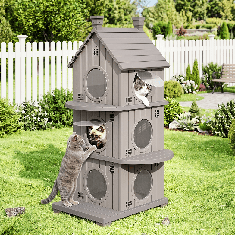 Fazzn Outdoor Cat House with Porch: Weatherproof Insulated Shelter for Cats, Kittens, and Puppies, Including Feral Cats. Features Multiple Entrances, an Elevated Base, and Easy Assembly.Blue/Brown
