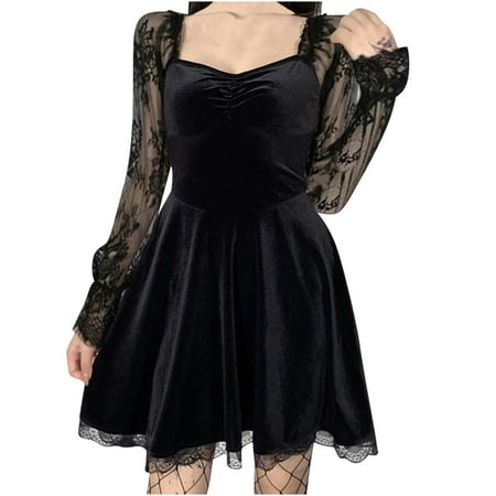 

Women Gothic Mini Dresses Cocktail Gown Lace Long Sleeve SuedePatchwork Vintage Punk Evening Party Dress