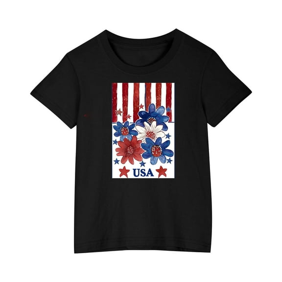 ZACPNCV Girls 4th of July Shirt Flag T-Shirts for Kids Toddler Patriotic Tee Tops Girls Independence Day Gifts Black 4-5 Years