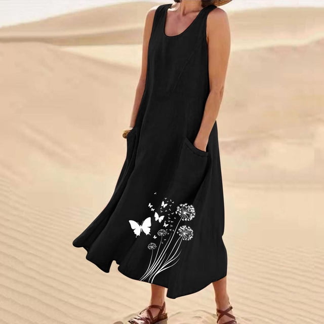TIMIFIS Robes Maxi pour Femmes Robe d'Été de Plage Coton Lin Col Rond Sans Manches Longues Robes Grande Taille Camisole Chemises Robe avec Poches