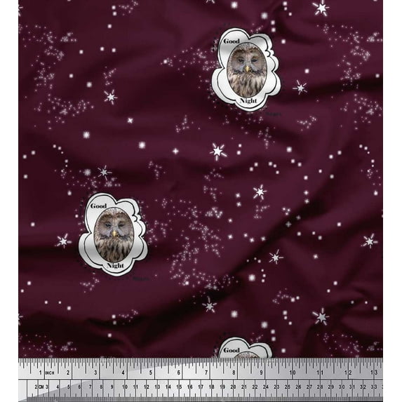 Soimoi Silk Fabric Star & Owl Bird Decor Fabric Printed Yard 42 Inch Wide