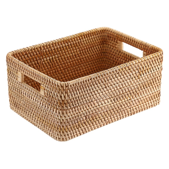 Handwoven Wicker Basket for Organizing Natural Rattan Basket with Handles Rectangular Closet Organizer Bin Multipurpose Storage Box, 13.8" x 9.8" x 6.3"