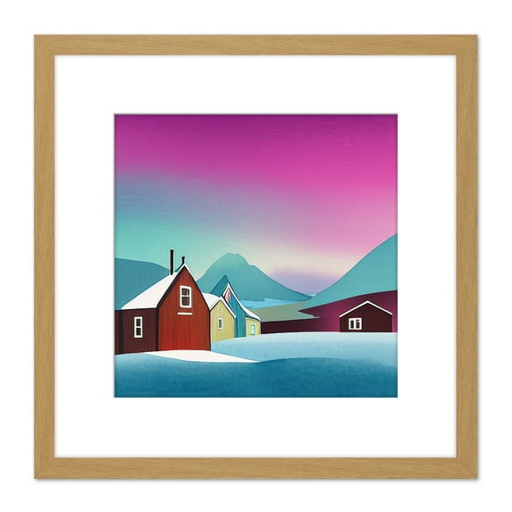 Purple Sky Northern Lights Sweden Snow Mountain Lake Vibrant Sky Square Wooden Framed Wall Art Print Picture 8X8 Inch