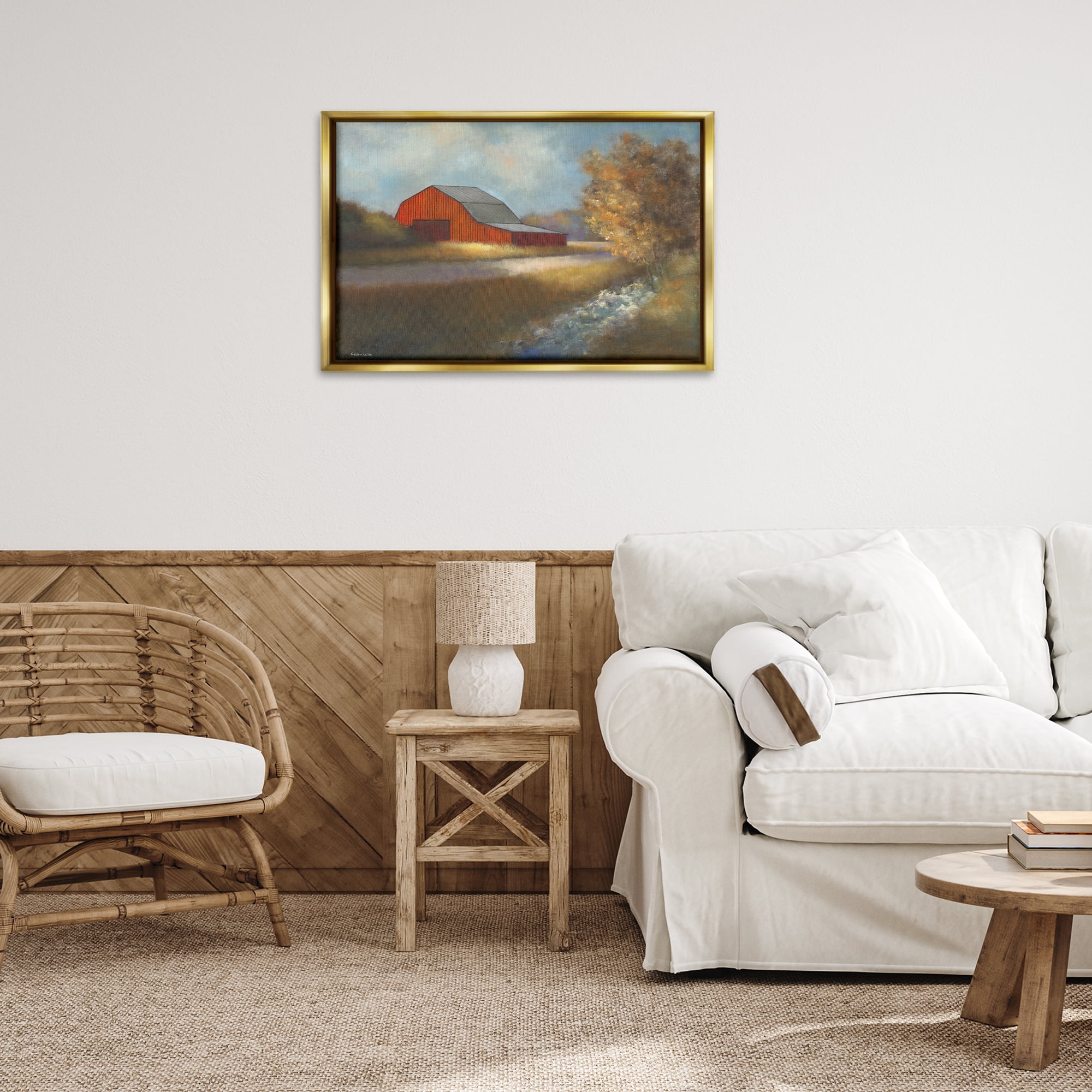 Stupell Industries Traditional Red Barn Landscape Painting Gold Floater Framed Canvas Art Print Wall Art, 31 x 21
