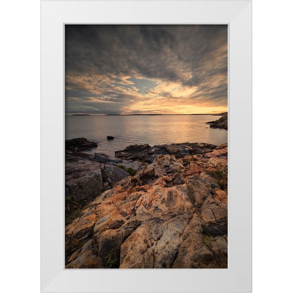Jaynes Gallery 11x14 White Modern Wood Framed Museum Art Print Titled - USA-Maine-Acadia National Park Moody sunset on ocean coastline