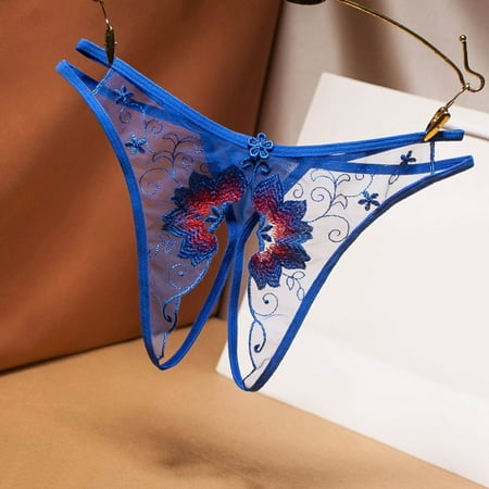 Hamky Crotchless Underwear Womens Underwear Women Waist Flower Embroidery Hollow Out Transparent Mesh Thong Open Crotch Underwear Cotton Underwear Seamless Underwear Blue One Size
