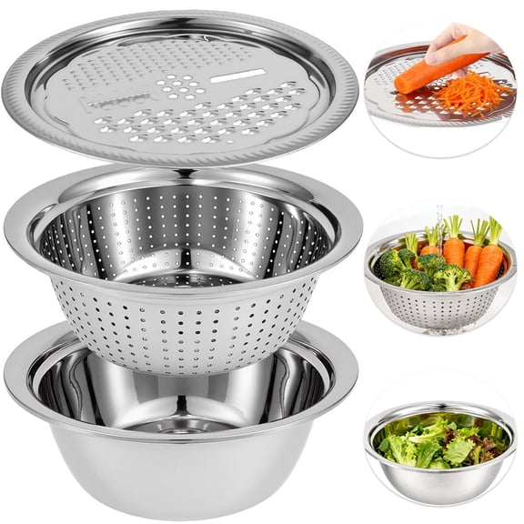 Xdziklosj Multifunctional Stainless Steel Basin, Stainless Steel Grater Bowl 3-in-1 Strainer and Drain Basket, Silver