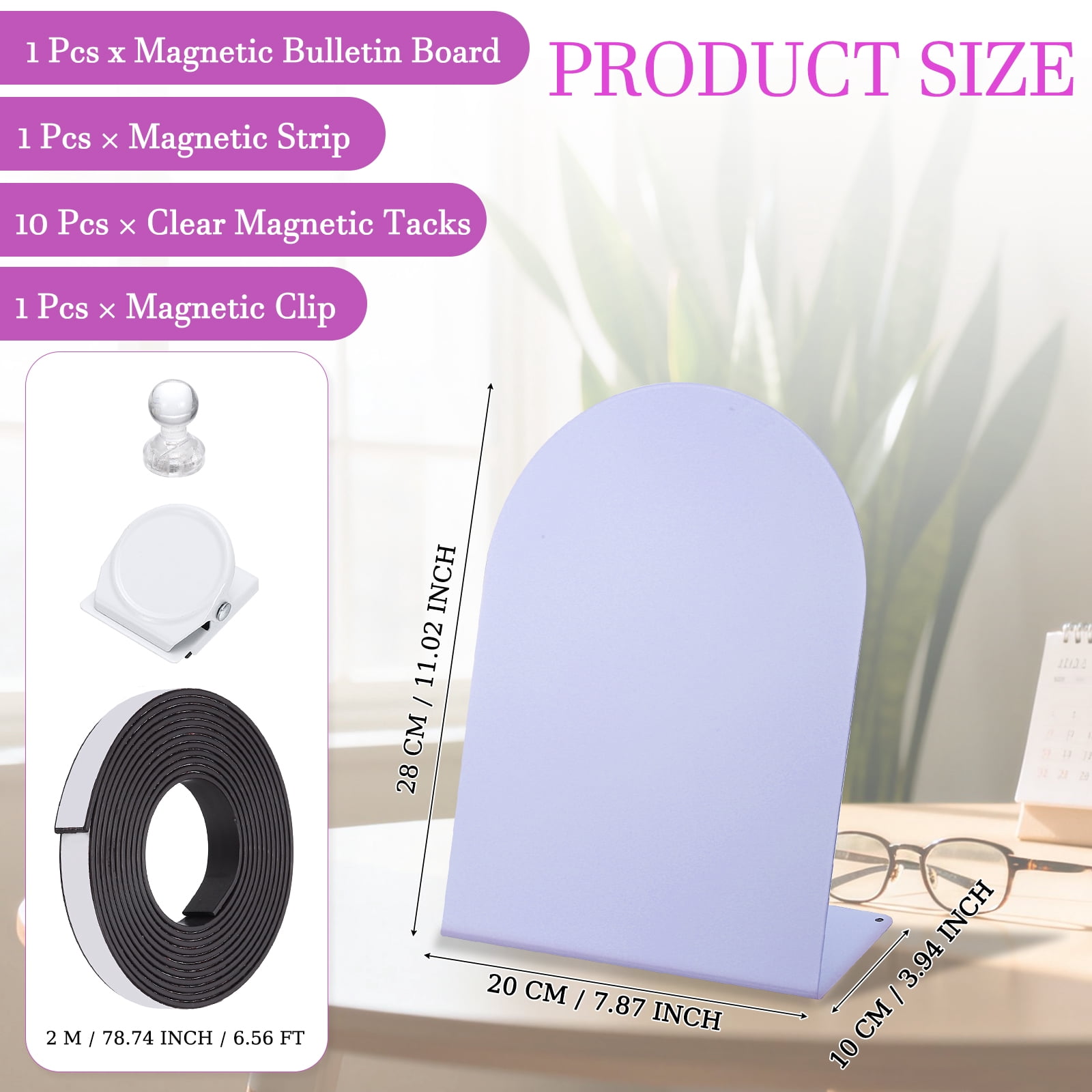 Uxcell Magnetic Bulletin Board, Memo Magnet Display Stand Board with Magnetic Accessory Set for Home Office Kitchen, Purple