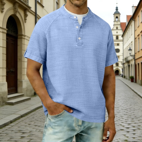 Mens Casual T Shirts Short Sleeve V Neck Henley Linen Shirt Button Basic Fashion Summer Beach Top Button Up Collar Shirt Light Blue 4XL