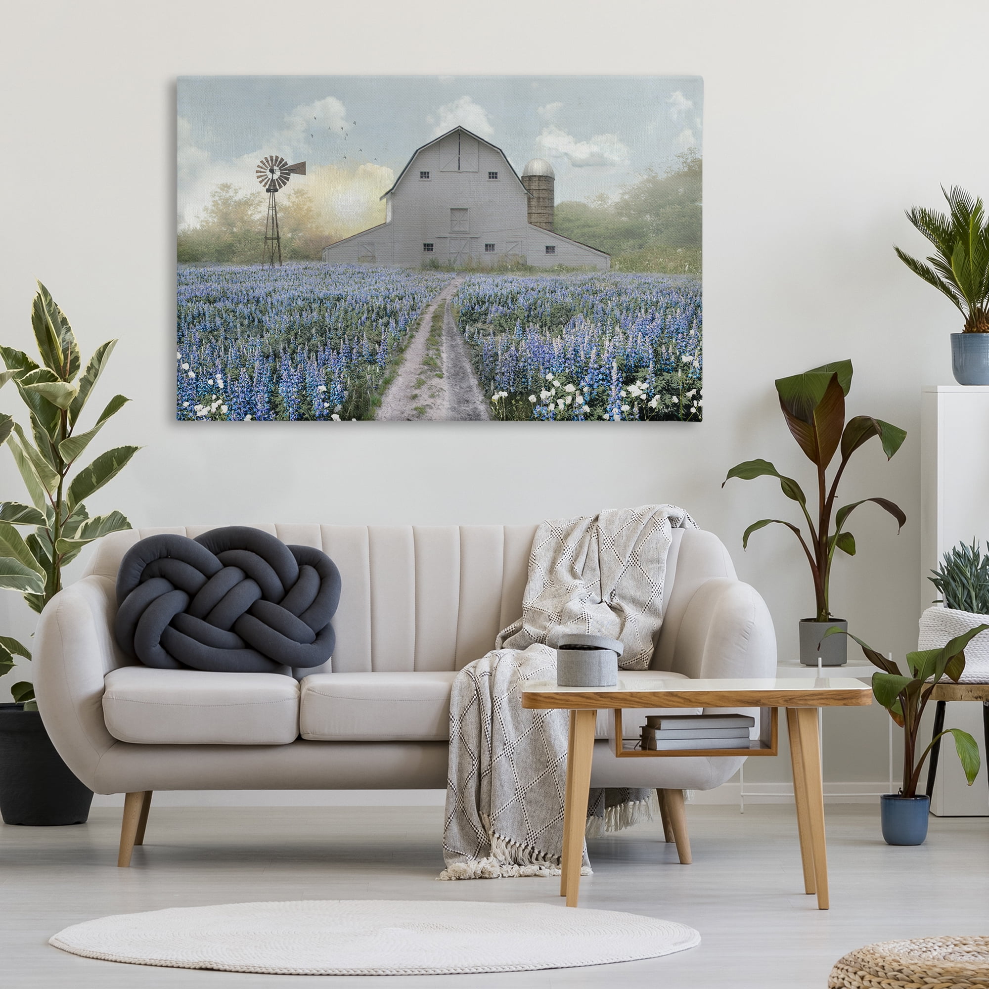 Stupell Industries Meadow of Blue Flowers & Barn Canvas Wall Art, design by Nan