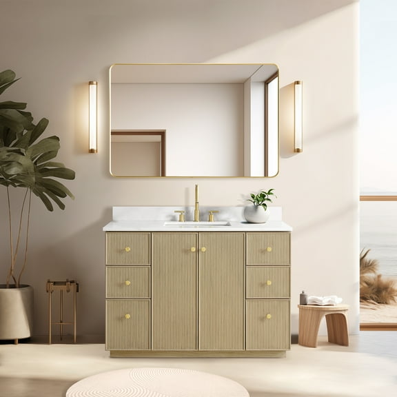 Oza 48" Single Bath Vanity in Aged Natural Oak with Fish Maw White Quartz Stone