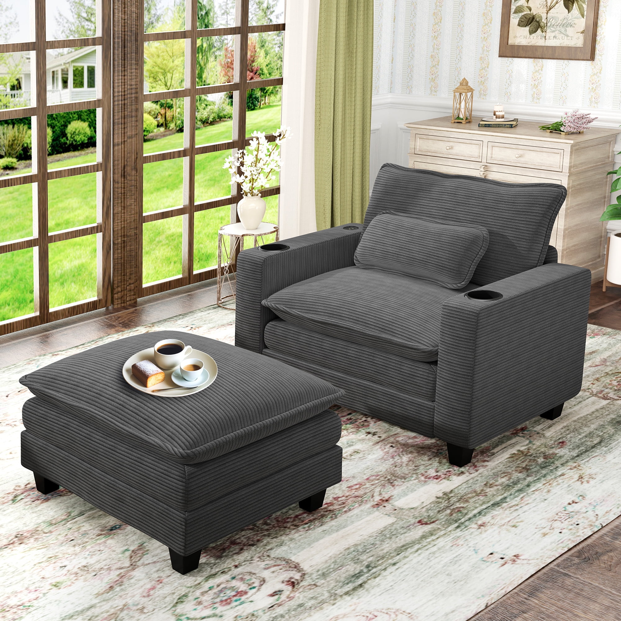 Lunale Oversized Lounge Chair & Ottoman Set - 45.5" Cloud Corduroy Accent Armchair with USB/Cup Holder for Modern Living/Bedroom, Dark Gray