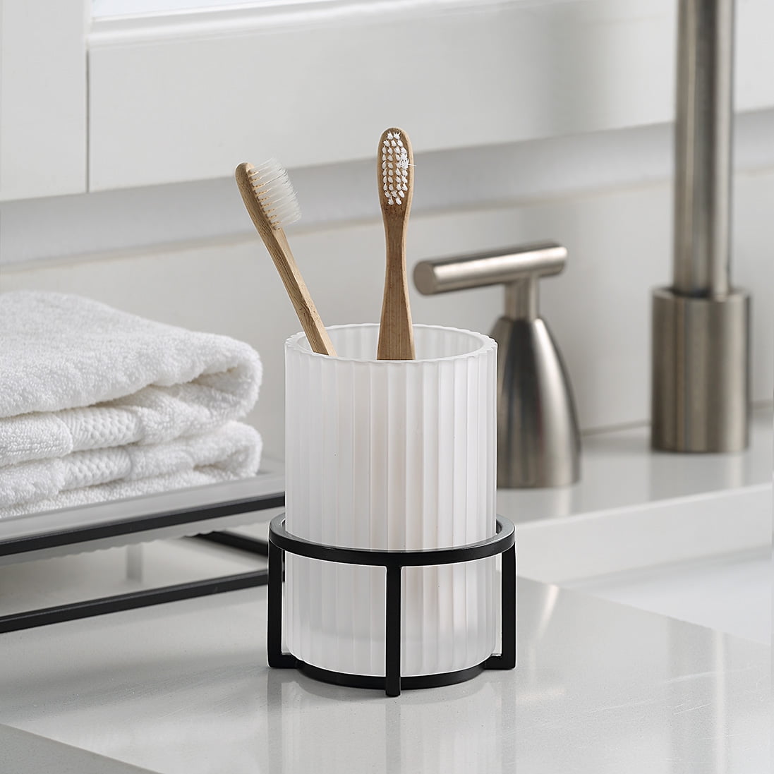 Better Homes & Gardens Ribbed Glass and Metal Toothbrush Holder, White with Black Accents