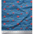 thumbnail image 1 of Soimoi Blue Japan Crepe Satin Fabric Sailboat & Waves Ocean Print Fabric by Yard 42 Inch Wide, 1 of 3