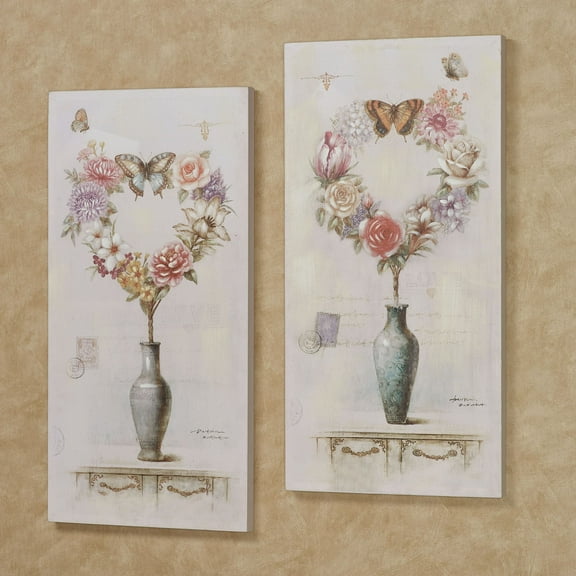 Floral Heart and Butterfly Canvas Handpainted Wall Art Set Pink, Purple, Green and Off White 16"Wx1.5"Dx31.5"H Set of 2