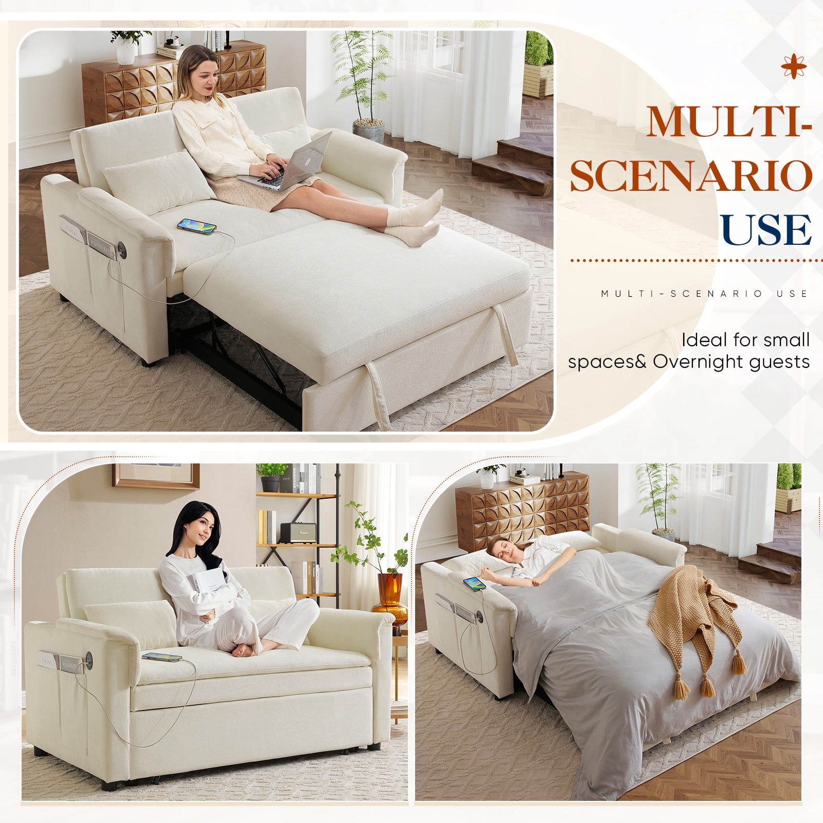 Lunale Convertible Sofa Bed with USB, 55" Loveseat Sleeper for Living Room, Apt, Beige Velvet