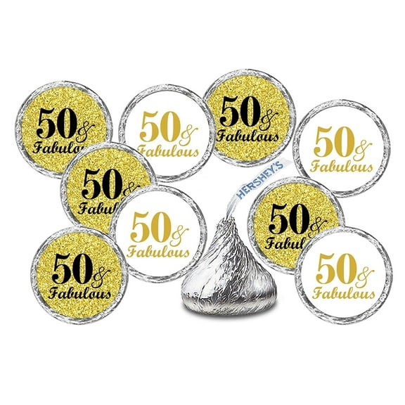 50 & Fabulous Birthday Gold Kisses Stickers, (Set of 216) Chocolate Drops Labels Stickers For Birthday Party, Kisses Party Favors Décor