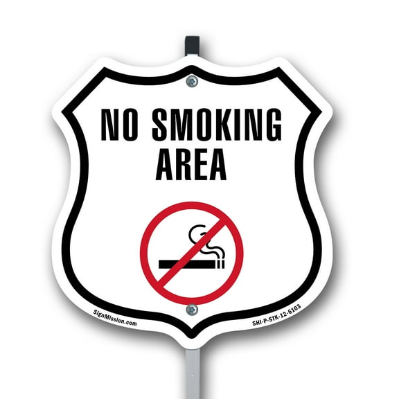 No Smoking Area 12 inch X 12 inch Shield Shaped Commercial Grade Plastic Sign with Aluminum Mounting Stake Weather Resistant Made in the USA