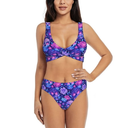 Zeuib blue Skull purple flower1 High Waisted Tummy Control Bikini Set - Knot Front Push Up Top & Cheeky Thong Bottom  Two-Piece Swimsuit for Women-Small