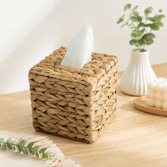 Water Hyacinth Tissue Cover, Natural Wicker Woven, Square Holder 5.7x5.7x5.9" Perfect for Bathroom Vanity Kitchen Living Room, Wicker Tissue Box Cover Decor