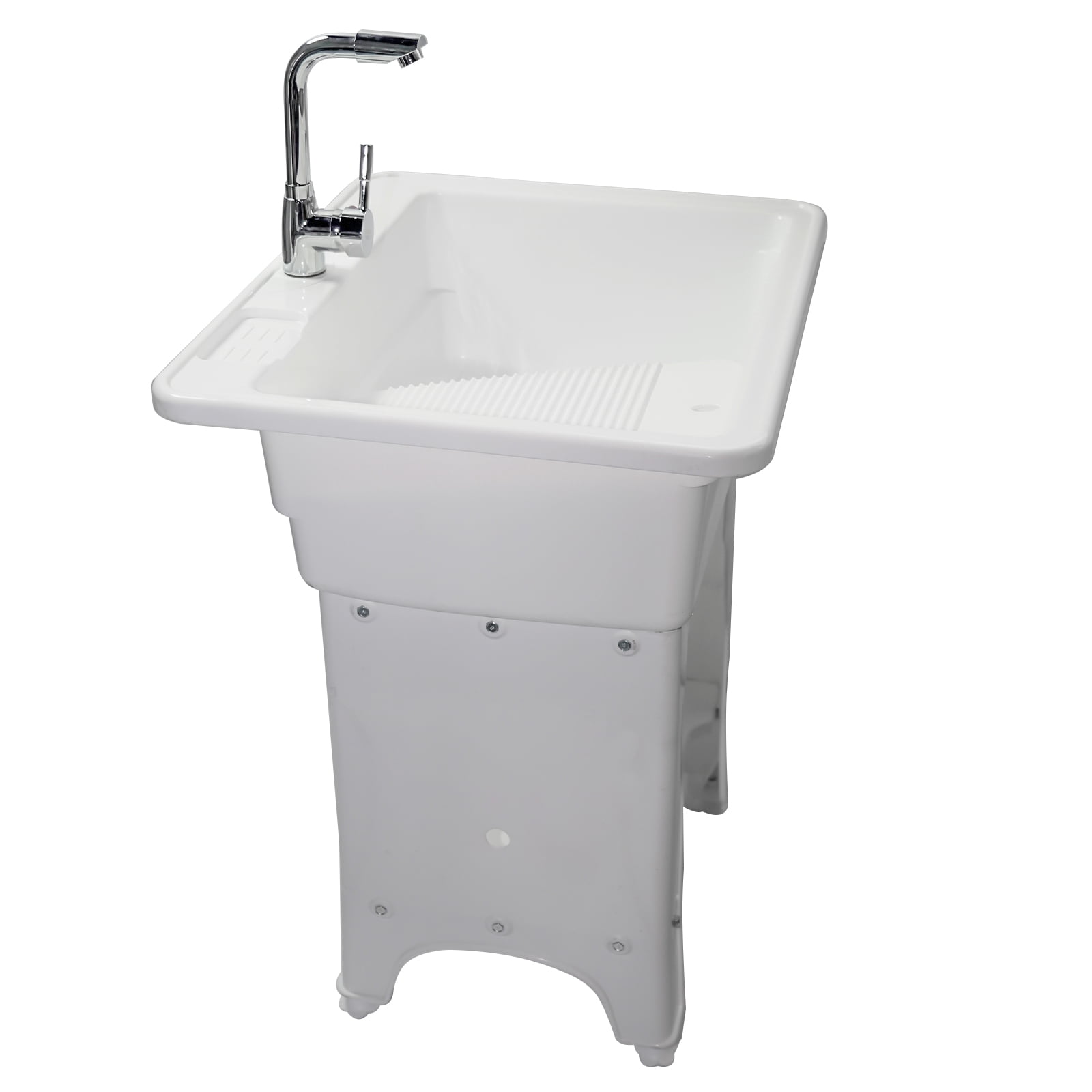 Freestanding Plastic Utility Sink Laundry Tub outdoor sink Drop in Deep sink kit with Inlet and Drain Pipe with Hot&Cold Faucet,Basement for Laundry Room&Garage or Shop,Size:25.59*21.65*31.5in(white)