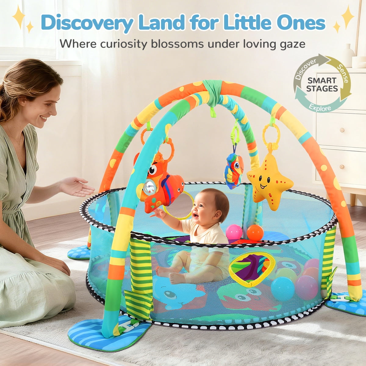Baby Play Mat, Caveen 3 in 1 Baby Play Gym Activity Mat, with Hanging Toys and Ocean Balls, for Infants Toddlers, Blue Turtle
