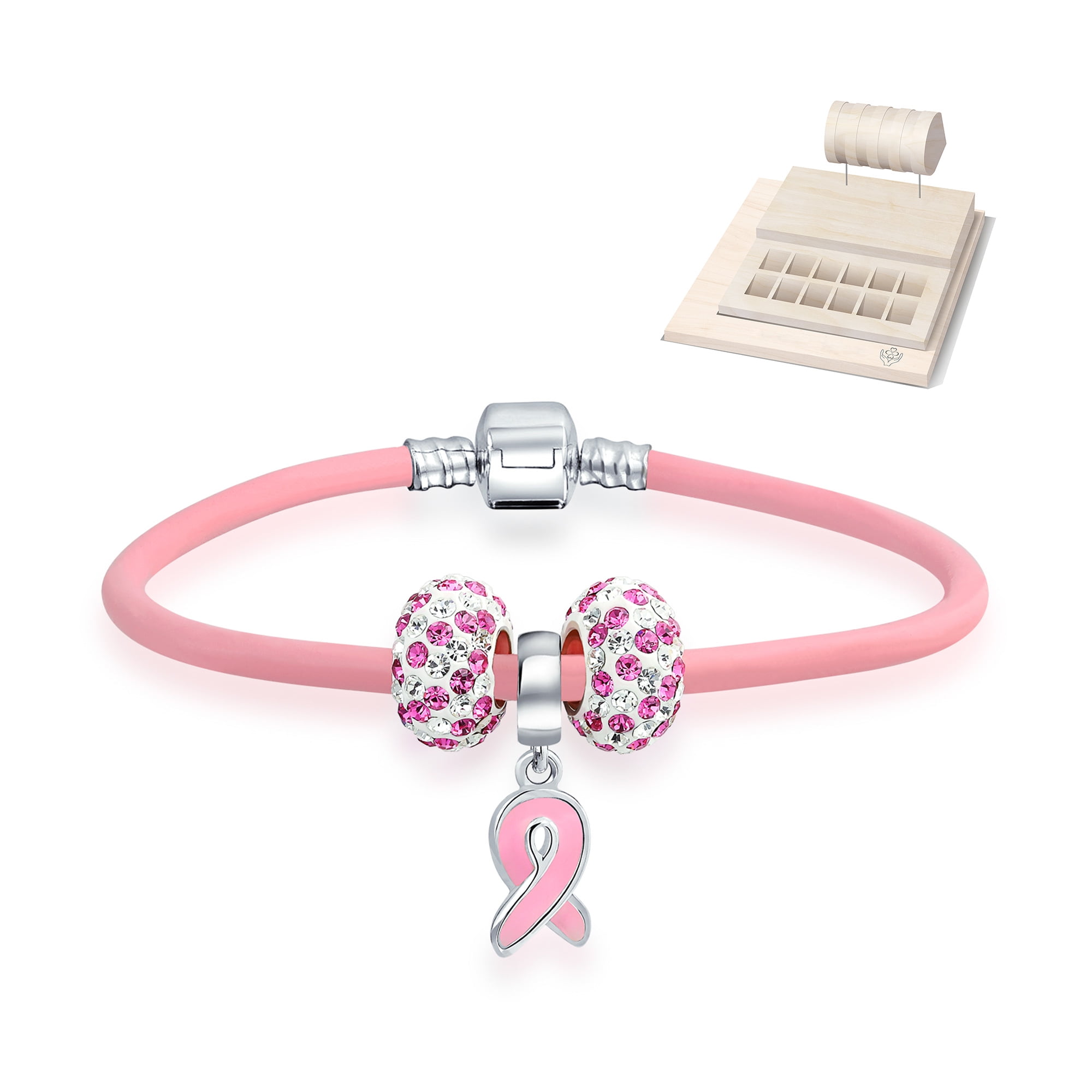 Support Breast Cancer Survivor Crystal Pink Ribbon Multi European Bead Charm  Genuine Pink Leather Bracelet for Women 925 Sterling Silver Barrel Clasp  7.5 Inch With Wood Charm Display - Walmart.com