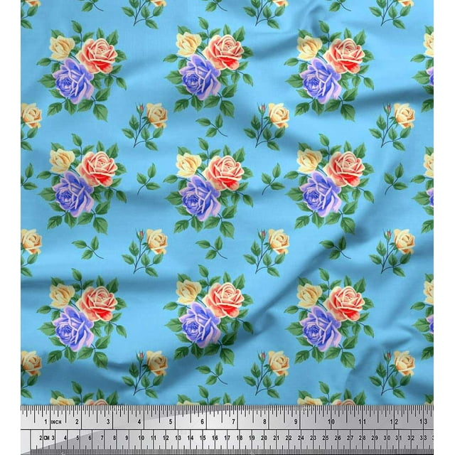 Soimoi Rayon Fabric Leaves, & Rose Floral Print Sewing Fabric Yard 42 Inch Wide
