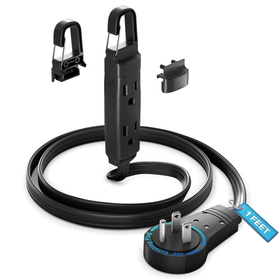 Maximm 360° Rotating Flat Plug Extension Cord with a Removable Hook, Black Extension Cord 1 ft (16 Gauge) UL Certified