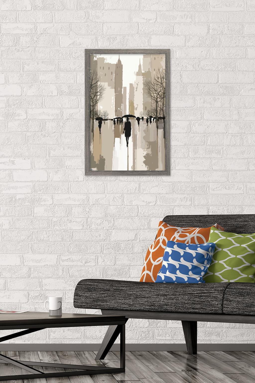 People Under Rain In The City Wall Poster, 14.725" x 22.375", Framed