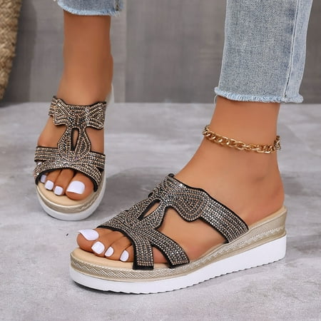 

Krdevn Slippers for Women Summer Fashion Open Toe Irregular Upper Sticky Diamond Cool Slippers Leisure Lightweight Comfortable Outdoor Slippers -Black 41