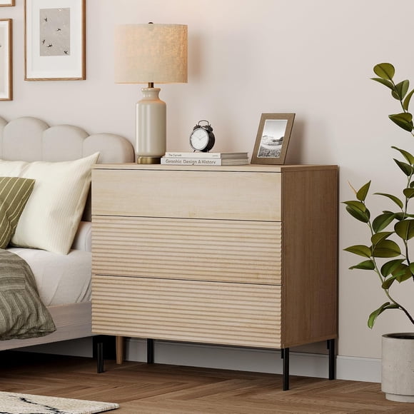 WAMPAT Commode Cannelée de 31,5 Pouces à 3 Tiroirs avec Poignées Cachées, Coffre Moderne en Bois pour Chambre et Salon, Beige