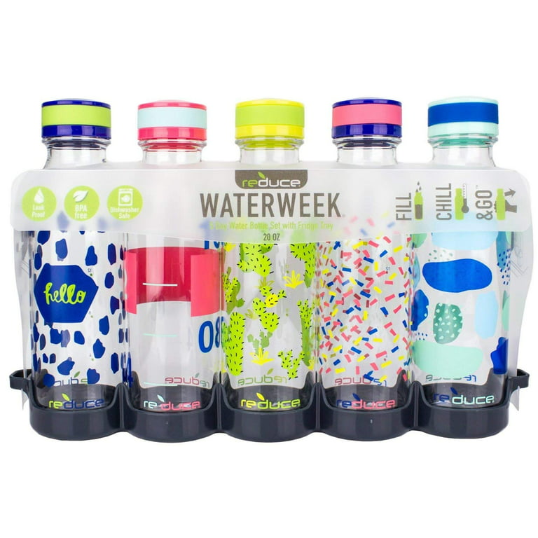 Reduce WaterWeek Reusable Water Bottle Set, 20oz – Plastic Reusable Water  Bottle Set of 5, Plus Fridge Tray – BPA-Free, Leak Proof Twist Off Cap –  Score 