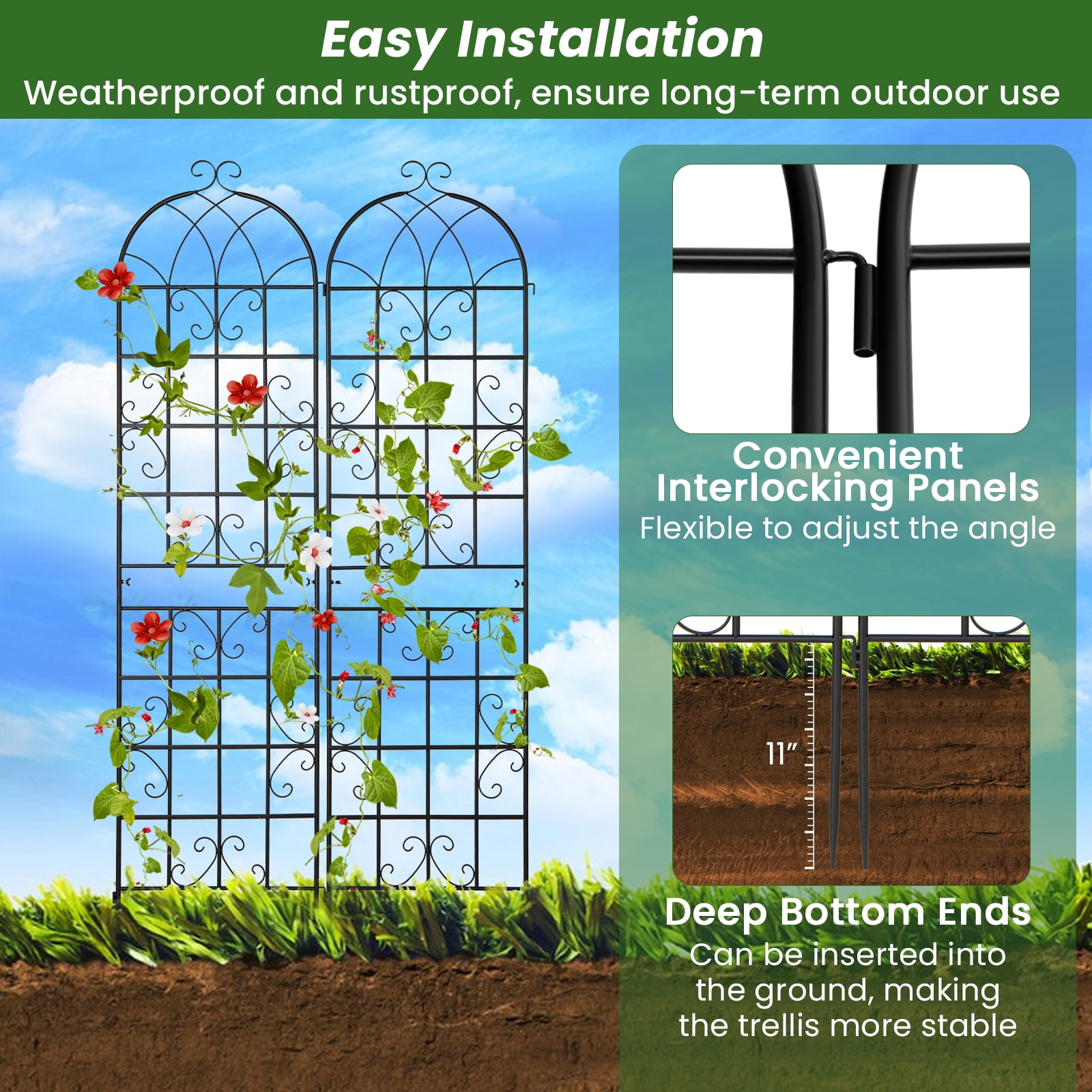 Patiojoy Metal Garden Trellis for Climbing Plants 2 Pack Fence Trellis Panels 87�� Tall Retro Style Cucumber Trellis